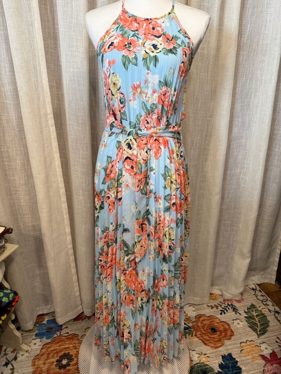 B Darlin Dresses & Skirts - B Darlin Light Blue Floral Halter Maxi Dress with Coral & Yellow Blooms